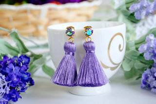 Purple Mauve silk thread tassel earrings made of Swarovski crystals DIVUS
